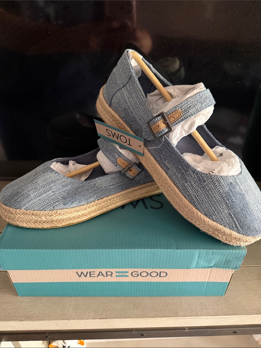 TOMS Women's Light Blue Denim Espadrille Mary Jane with Buckle